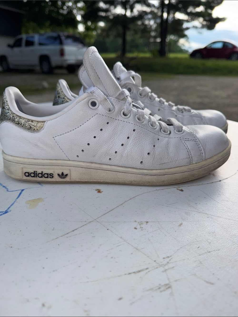 adidas Stan Smith White Leather Low-Top Sneakers with Metallic Speckled Heel